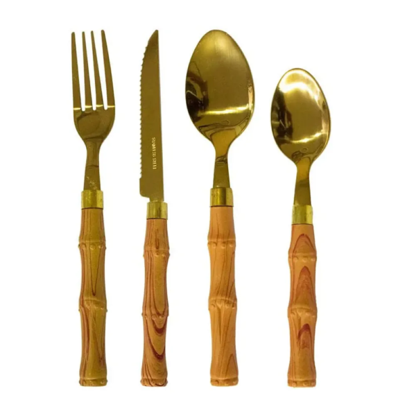 Faqueiro 24 peças Dourado Com Cabo De Bambu Tropical- Casambiente - Imagem 5